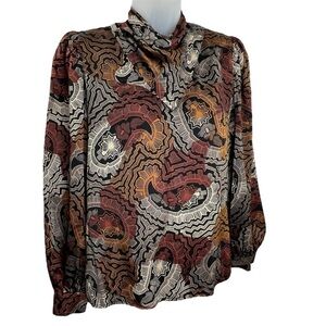 Vintage 70’s Helga Silk Top Woman Sz 8 Long Sleeve Draped Neck, Padded Shoulder